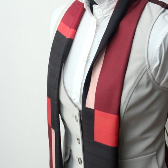 Red Black Maroon Square Ornament Silk Skinny Scarf - Picture 3 of 6